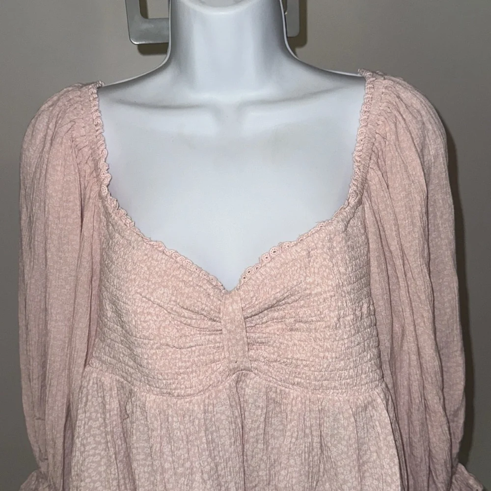 Free People Pink Puff Sleeve Smocked Blouse , sz M